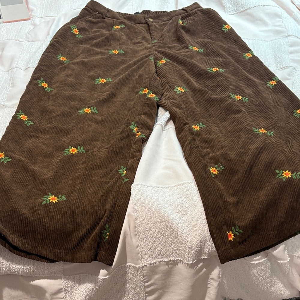 Cider Brown Corduroy Pants with Floral Embroidery